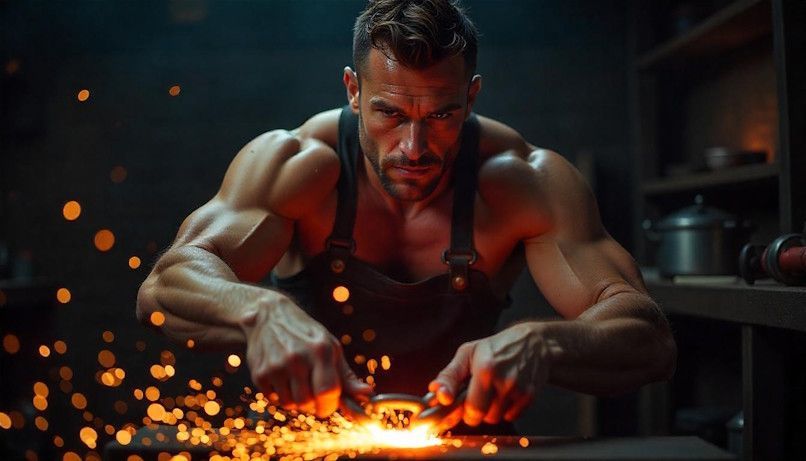 Strong man breaking chains scraping them together with sparks flying to break the chains of habit