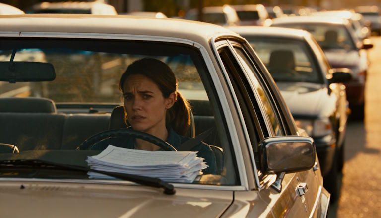 Teacher sitting in her parked car on the highway during rush hour, frustrated, ungraded papers piled on passenger seat, cars stopped all around
