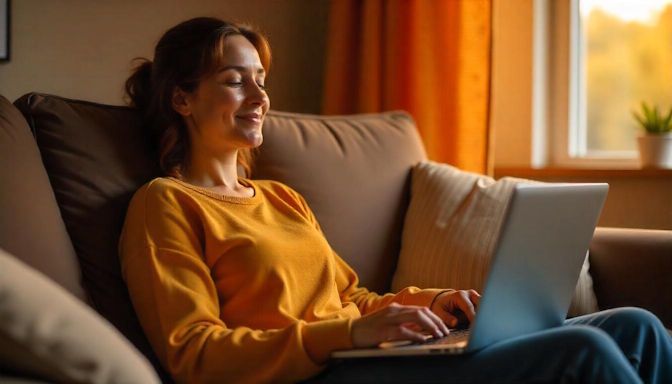 Woman in Columbus meeting remotely with her hypnotherapist from Quit Smoking Columbus Hypnotherapy to quit smoking sitting on her couch at home