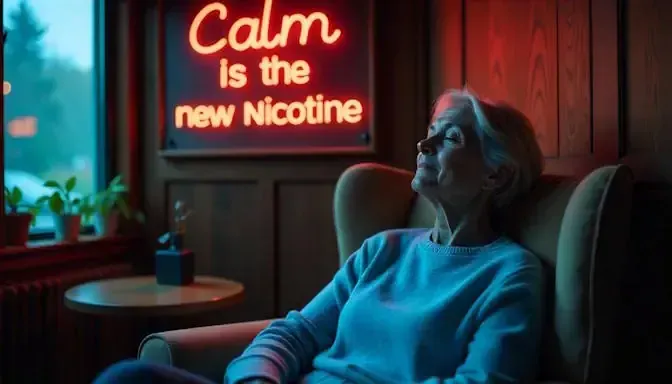 Woman reclining in her chair with a peaceful look after hypnotherapy with calm is the new nicotine sign on the wall behind her