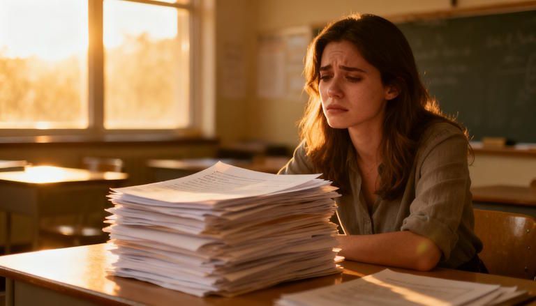 Woman teacher sitting at her desk, papers piled high, exhausted expression, warm late-afternoon classroom lighting