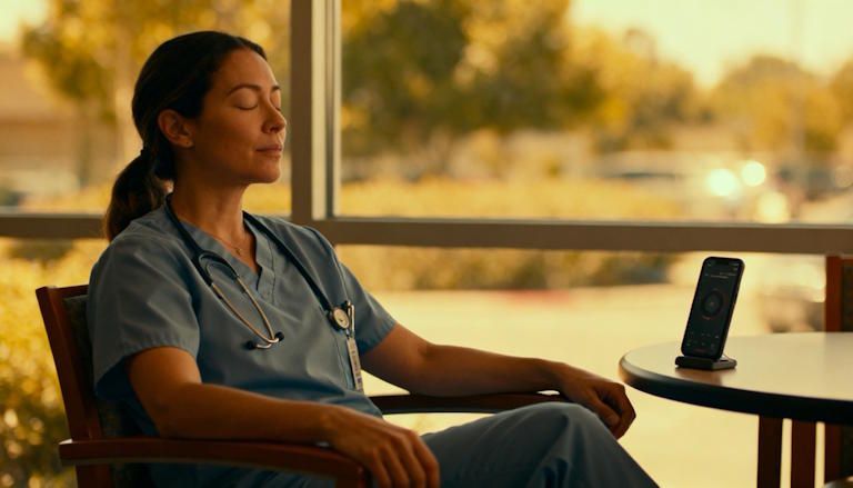 a nurse in scrubs sitting comfortably in her Columbus hospital, eyes closed, beginning a guided hypnosis session remotely on her smartphone that is sitting on a side table in a breakroom.