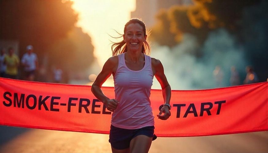 a woman jogging confidently through a banner symbolizing a smoke-free starting line on her trip to l