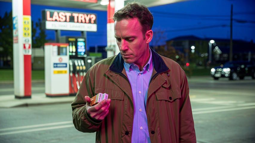 a tired man standing outside a gas station in Dayton, Ohio holding some unopened cigarette packs in one hand, looking down with hesitation.jpg