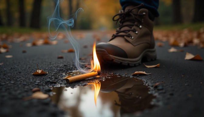 cigarette burning on the ground in a columbus OH park with a boot ready to stomp out the flames