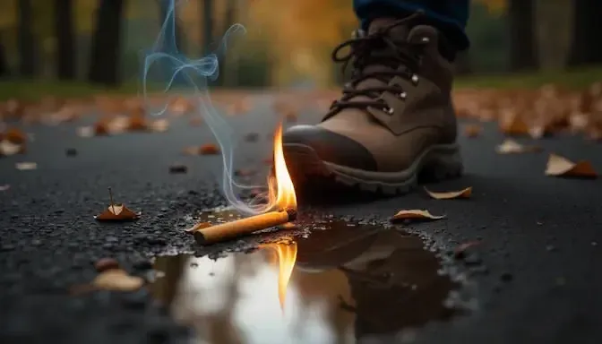 cigarette burning on the ground in a columbus OH park with a boot ready to stomp out the flames