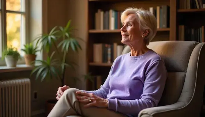 middle aged woman in german village in hypnotherapy session to quit smoking