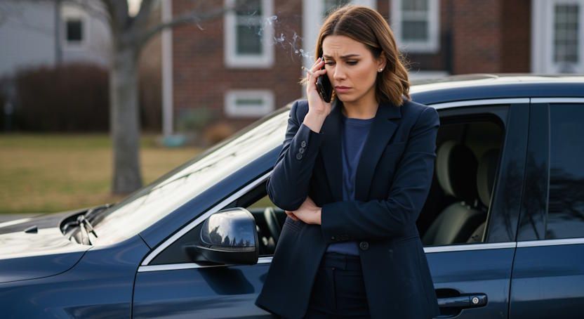real estate agent in Columbus standing outside her parked car between showings obviously down and depressed smoking a cigarette