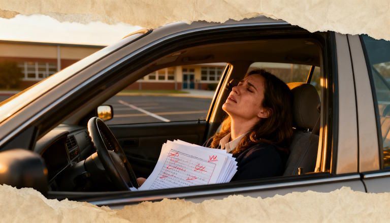 teacher sitting in her parked car in school parking lot after school exhausted and frustrated with papers piled on her lap with red grading marks