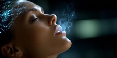 woman exhaling and imagining what fresh breath would be like as she exhales with her eyes closed