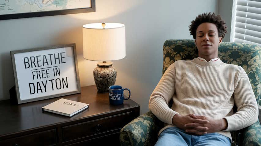 woman sitting back in hypnotherapy office with a breathe free in Dayton sign next to her