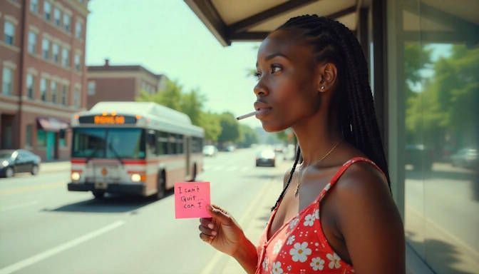 woman at bus stop with a cigarette in her mouth and a post-it note that says I can't quit, can I?