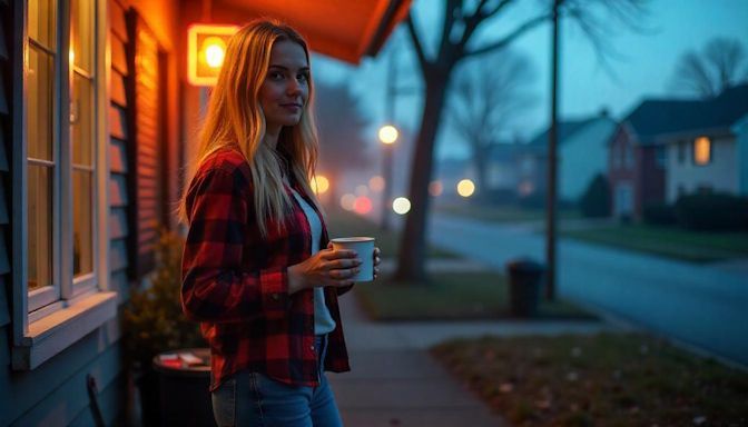 woman with long blonde hair, wearing a flannel shirt and jeans, drinking coffee and standing on her front porch in Columbus