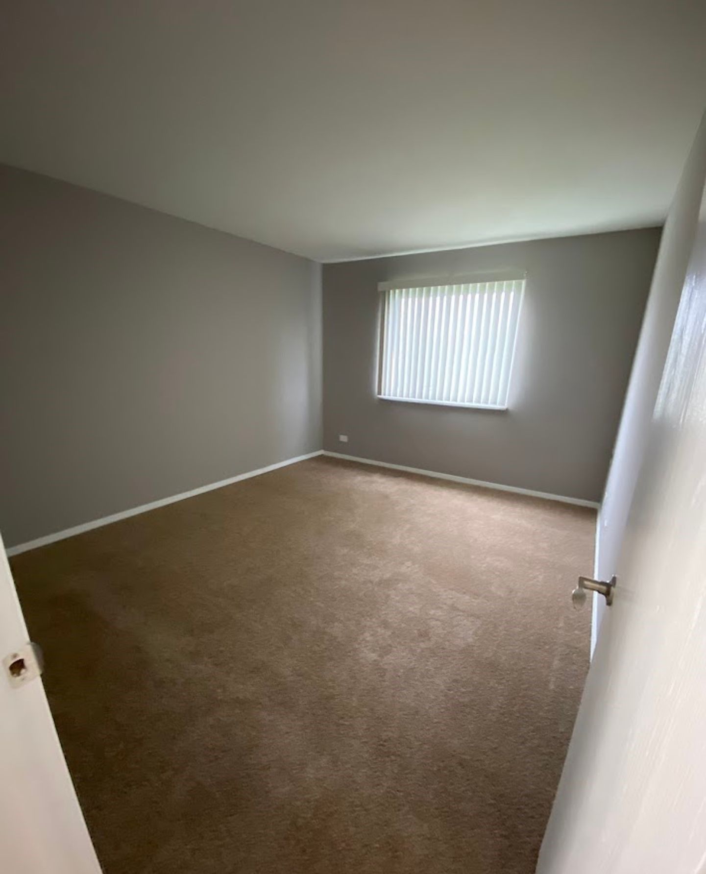 An empty bedroom with a window and brown carpet.