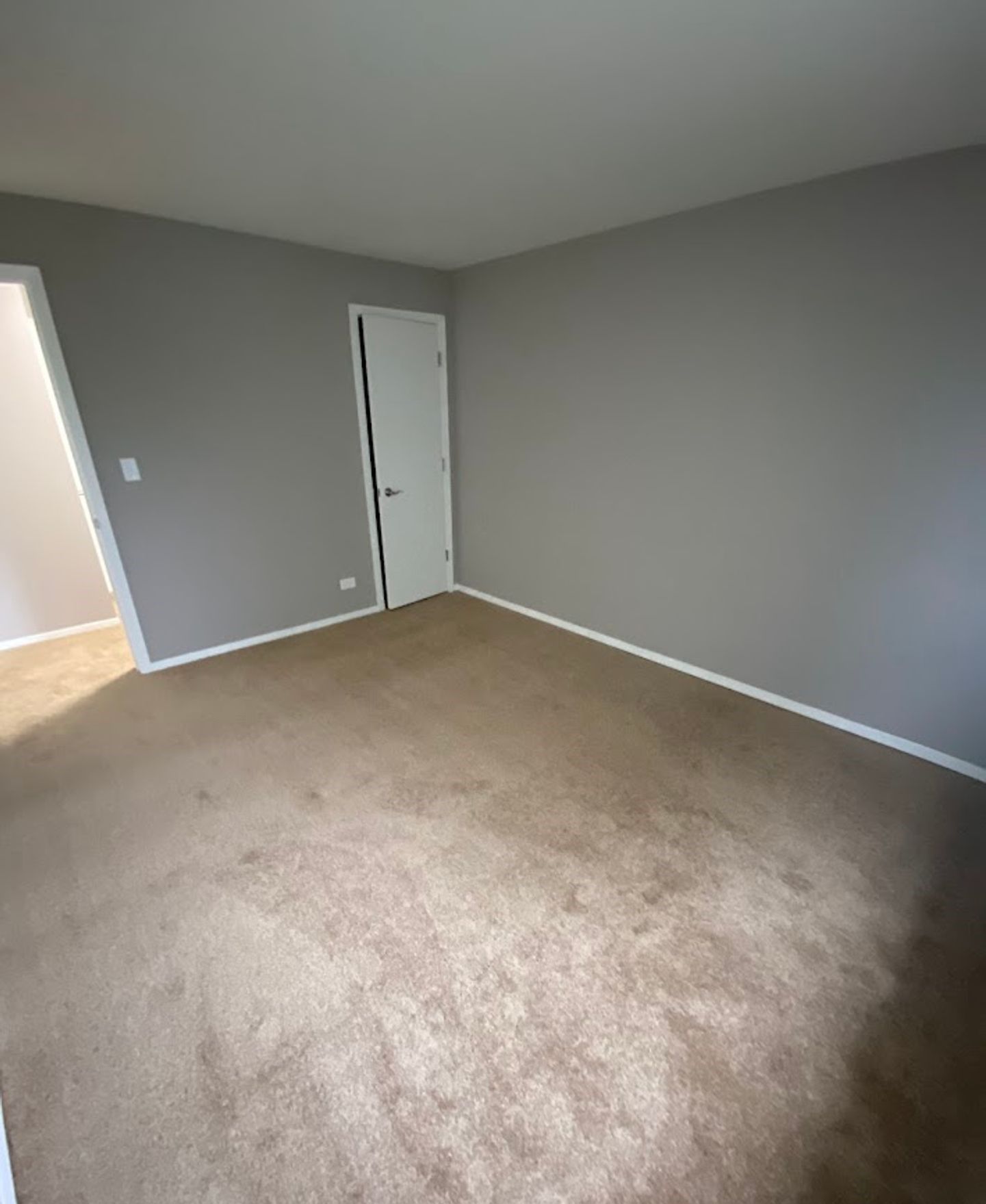 An empty room with a brown carpet and gray walls