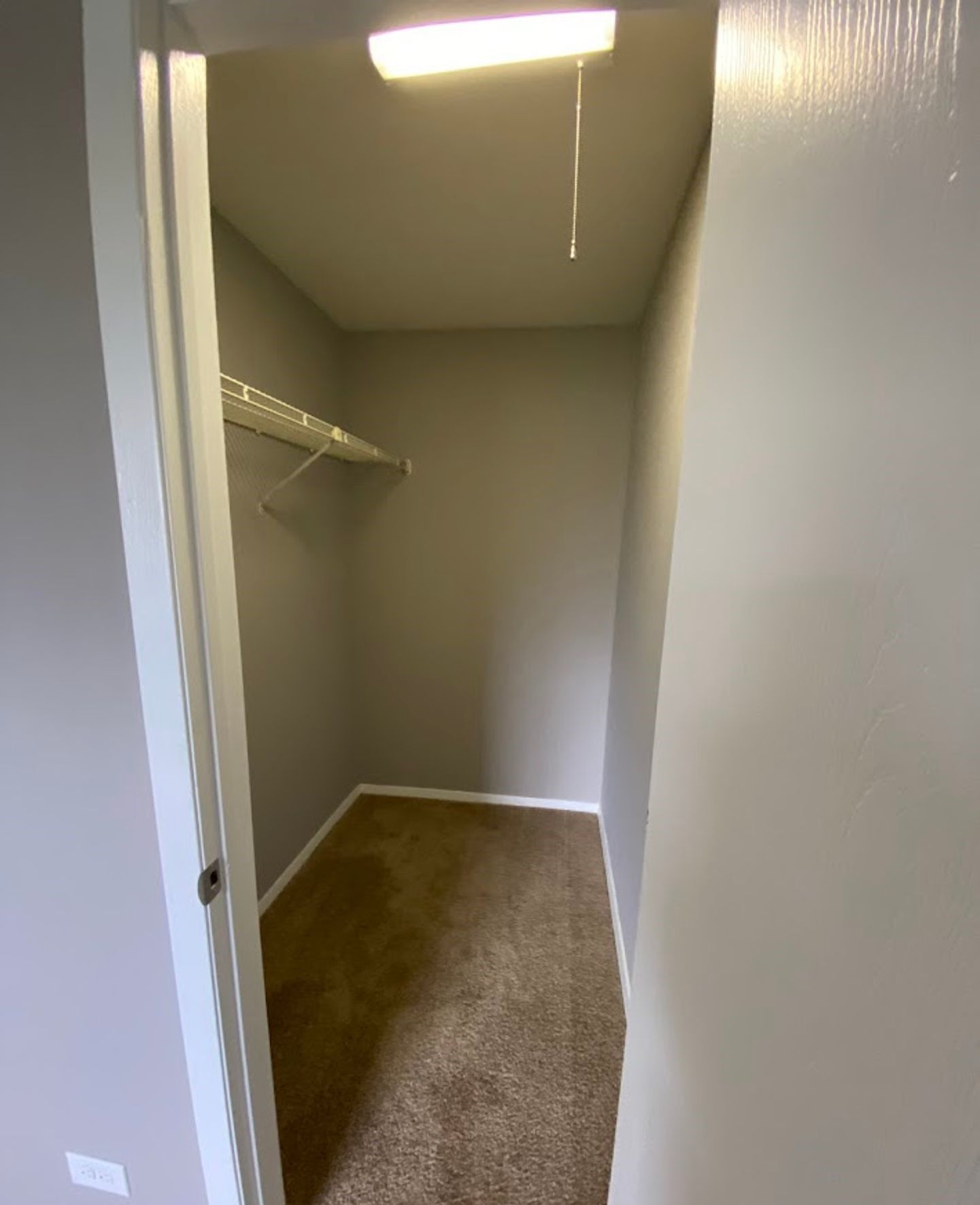 A walk in closet with a shelf and a light on the ceiling.