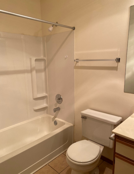 A bathroom with a toilet a bathtub and a mirror