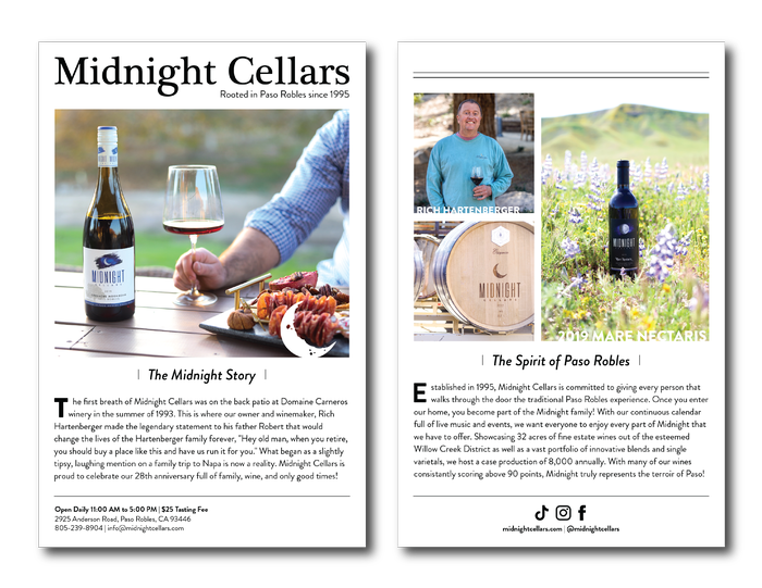 A two-page marketing brochure for Midnight Cellars winery featuring wine bottles, vineyard scenes, and company history.