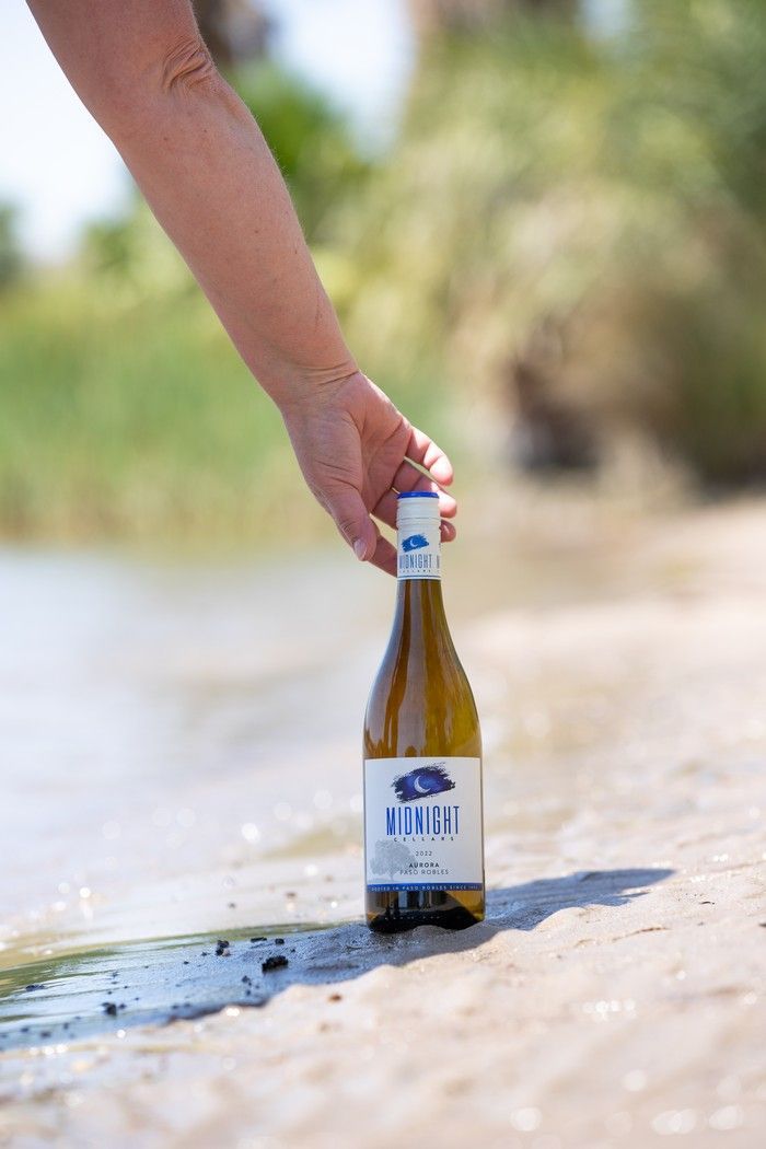 A hand placing a bottle of white wine on a sandy beach by the water.