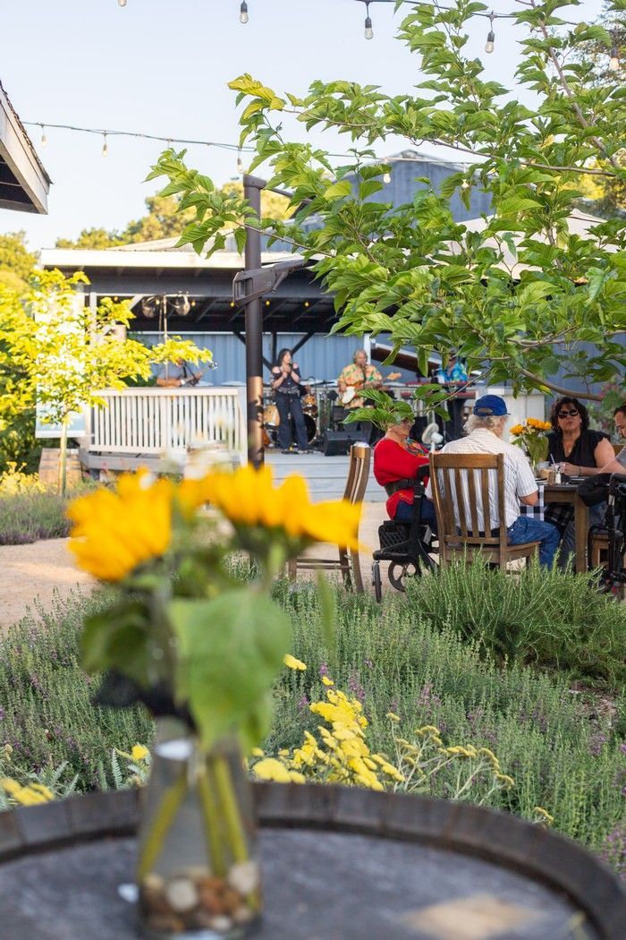 People dining outdoors at tables near a stage in a garden setting, with sunflowers in a vase in the foreground.
