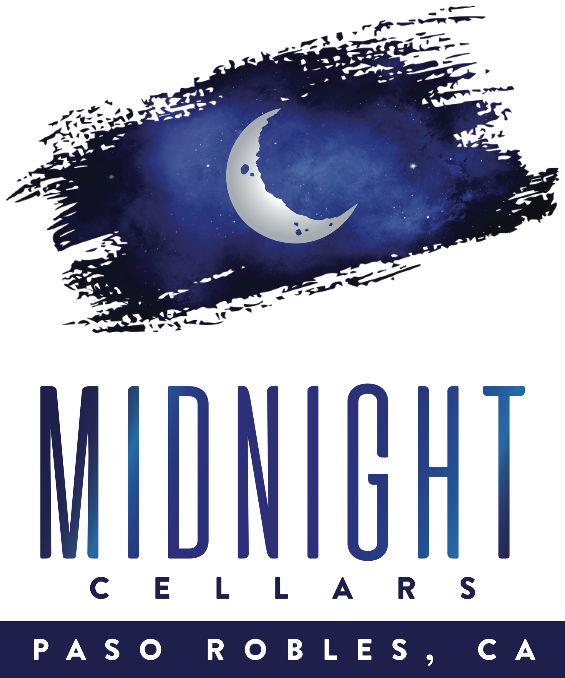 Logo for Midnight Cellars, featuring a crescent moon over a dark blue brushstroke, text below reads: PASO ROBLES, CA.