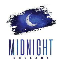 Logo for Midnight Cellars featuring a crescent moon set against a dark blue, textured night sky background.