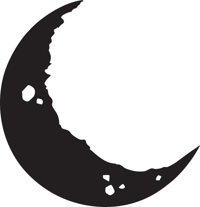 A high-contrast black and white graphic of a crescent moon with a textured, jagged edge on the inner curve.