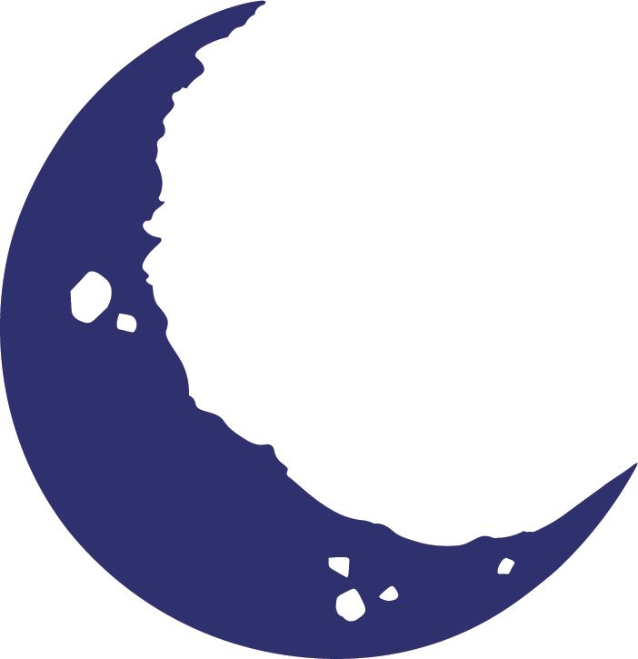 A dark blue crescent moon graphic with a textured, rugged inner edge.