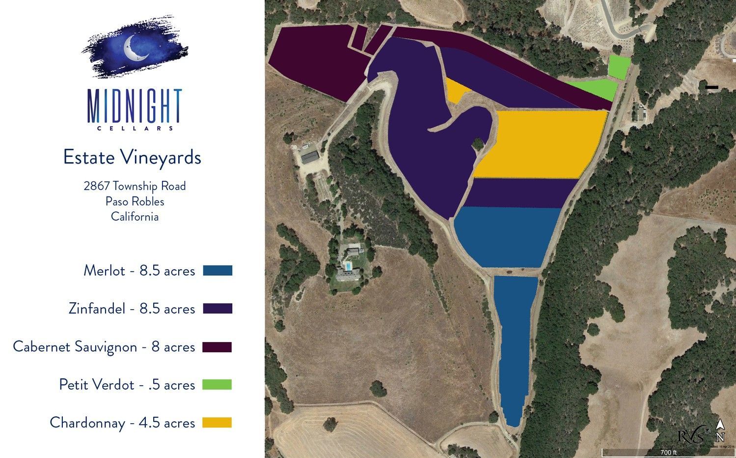 An aerial map of Midnight Estate Vineyards in Paso Robles, showing color-coded blocks of different grape varieties.