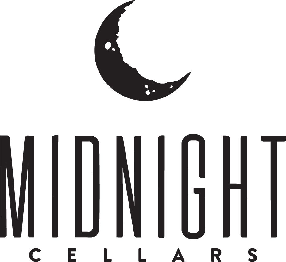 Logo for Midnight Cellars featuring a textured black crescent moon above the text 