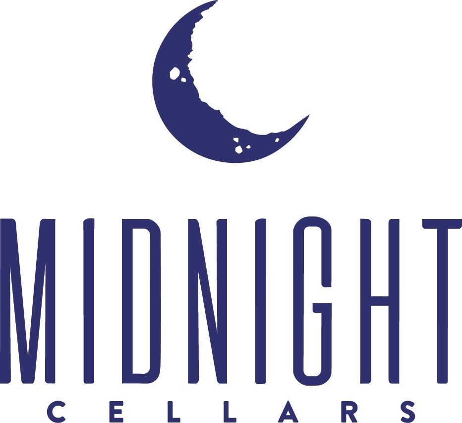 A dark blue logo featuring a crescent moon icon above the word 