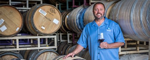 A person holding a glass of red wine, standing in a cellar lined with rows of wooden barrels.