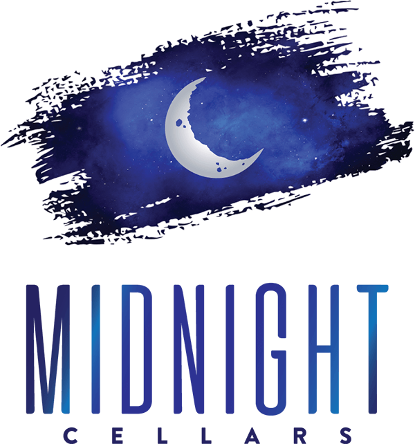 A stylized blue watercolor brushstroke featuring a crescent moon and stars above the text 