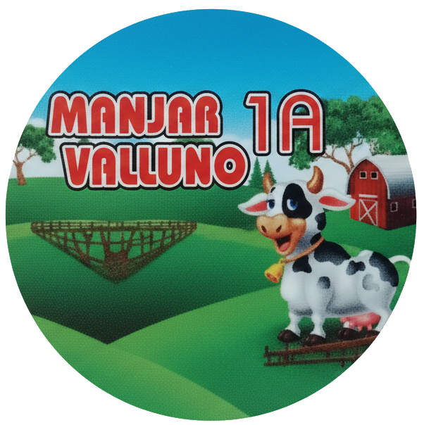 Vaca de dibujos animados en una granja; texto 