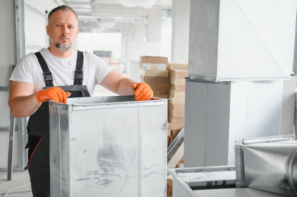 A man is working on a metal box in a factory.