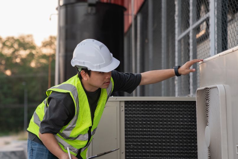 A man wearing a hard hat and safety vest is working on an air conditioner.