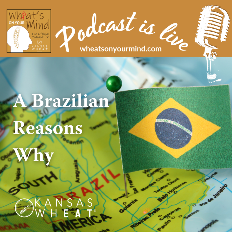 A Brazilian flag is pinned to a map of brazil for wheat
podcast for kansas wheat agriculture