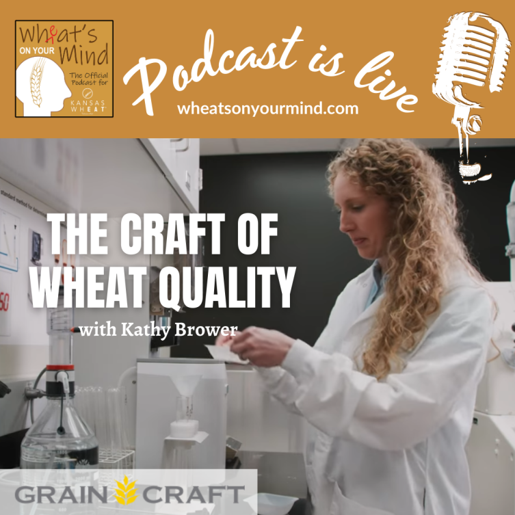 A woman in a lab coat is talking about the craft of wheat quality