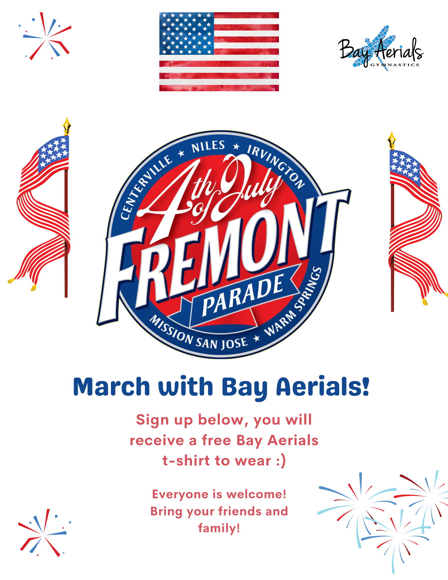 Presidents' Day camp flyer with cartoon presidents. One upside down, balloons, flags, and text