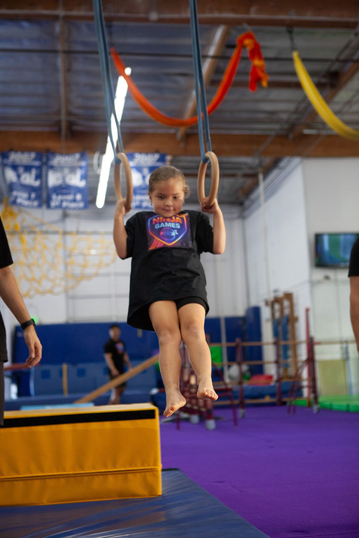 Young person hanging from gymnastic rings in a gym. Black shirt, purple floor, yellow mat.