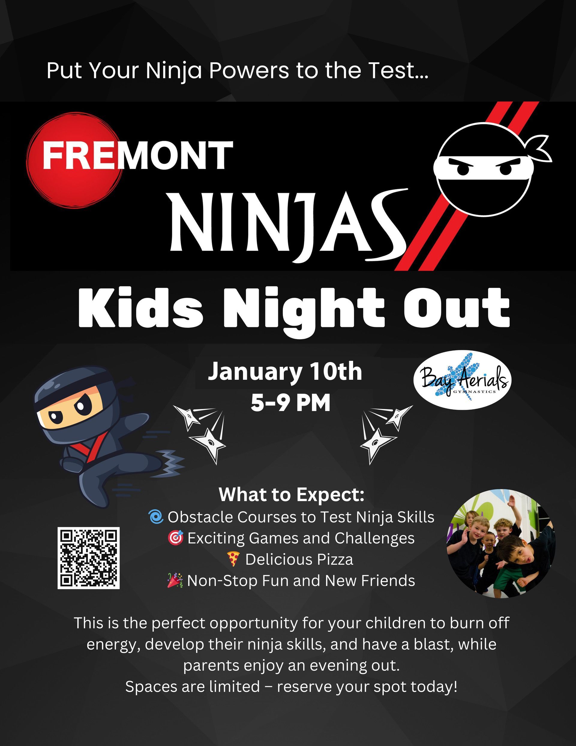 Poster for Fremont Ninjas Kids Night Out on January 10th. Features a ninja cartoon, obstacle course, games, and team building.