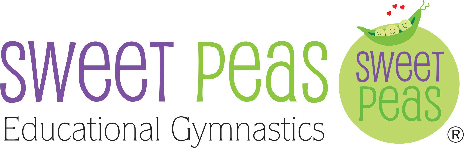 A logo for sweet peas educational gymnastics with a green peas in the middle.