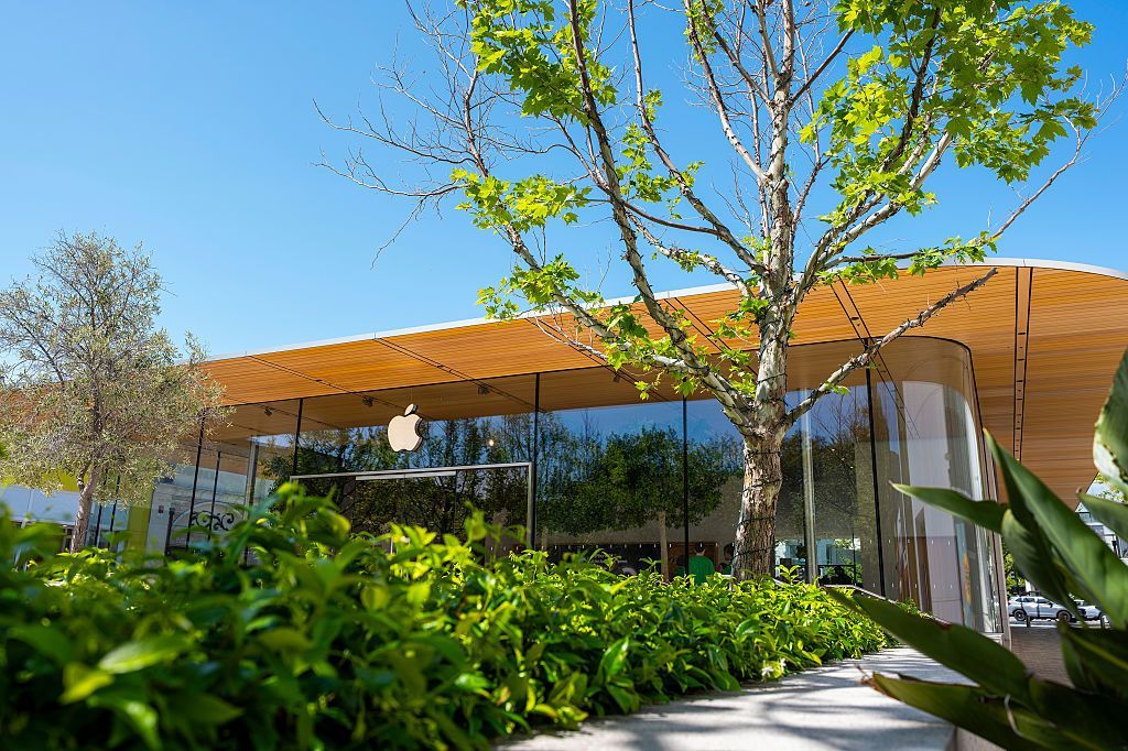 An Apple Store building with a wooden curved roof, large glass walls, and lush green landscaping under a clear blue sky.