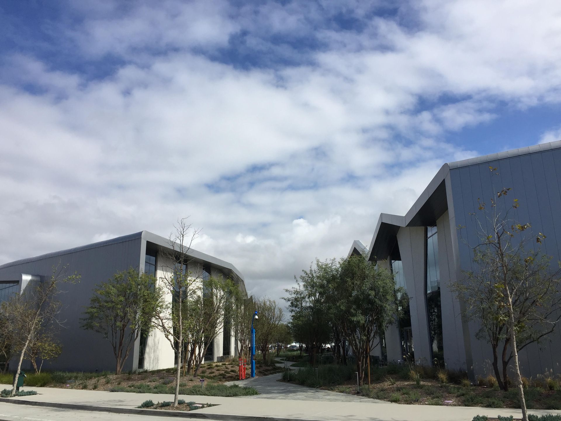 Modern apartment buildings with trees and a cloudy sky in a courtyard