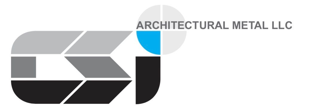 Logo for CSI Architectural Metal LLC, featuring the letters "CSI" in grayscale chevrons next to a blue and gray circle.
