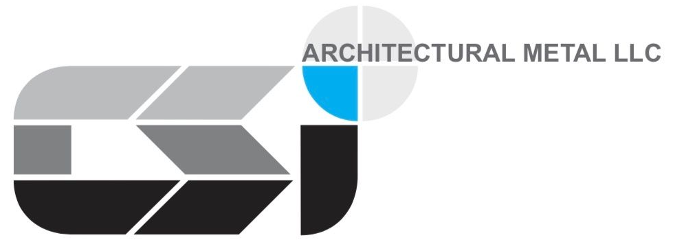 Architectural Metal LLC logo with gray, black, and blue geometric design