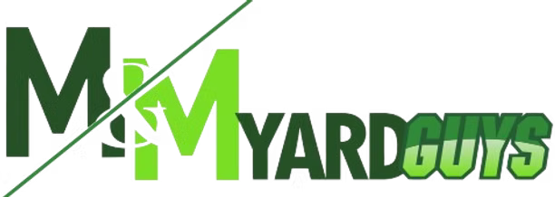 Logo for M&M Yard Guys, featuring a dark green 'M' and bright green 'M' split by a diagonal line, followed by the text.