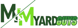 Logo for M&M Yard Guys, featuring a dark green 'M' and bright green 'M' split by a diagonal line, followed by the text.