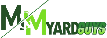 Logo for M&M Yard Guys, featuring a dark green 'M' and bright green 'M' split by a diagonal line, followed by the text.