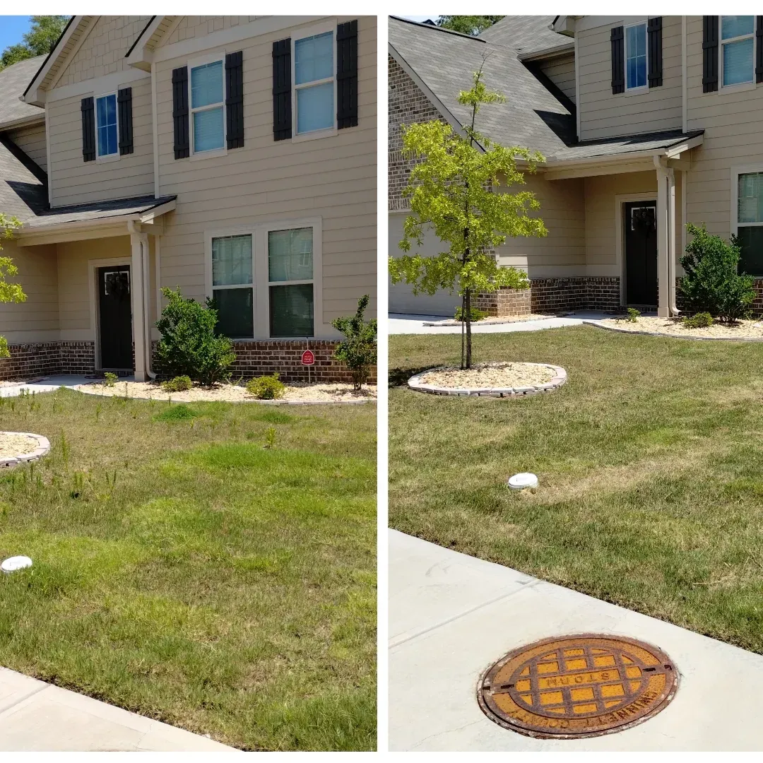 Side-by-side comparison of a residential front lawn, showing overgrown grass on the left and a mowed, tidy lawn on the right.